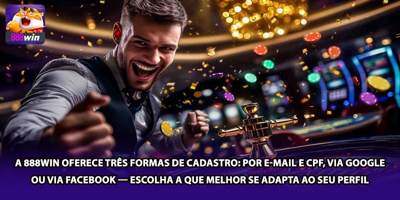 A 888win oferece três formas de cadastro: por e-mail e CPF, via Google ou via Facebook — escolha a que melhor se adapta ao seu perfil