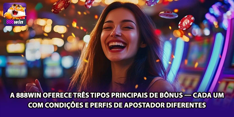 A 888win oferece três tipos principais de bônus — cada um com condições e perfis de apostador diferentes