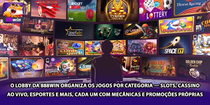 O lobby da 888win organiza os jogos por categoria — slots, cassino ao vivo, esportes e mais, cada um com mecânicas e promoções próprias