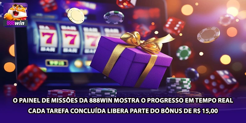 O painel de missões da 888win mostra o progresso em tempo real — cada tarefa concluída libera parte do bônus de R$ 15,00